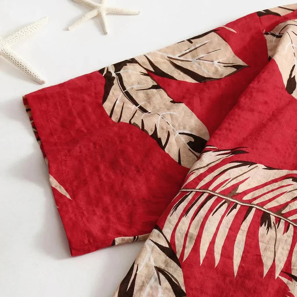 Red Tropical Leaf Shirt – Stylish Short Sleeve Summer Top