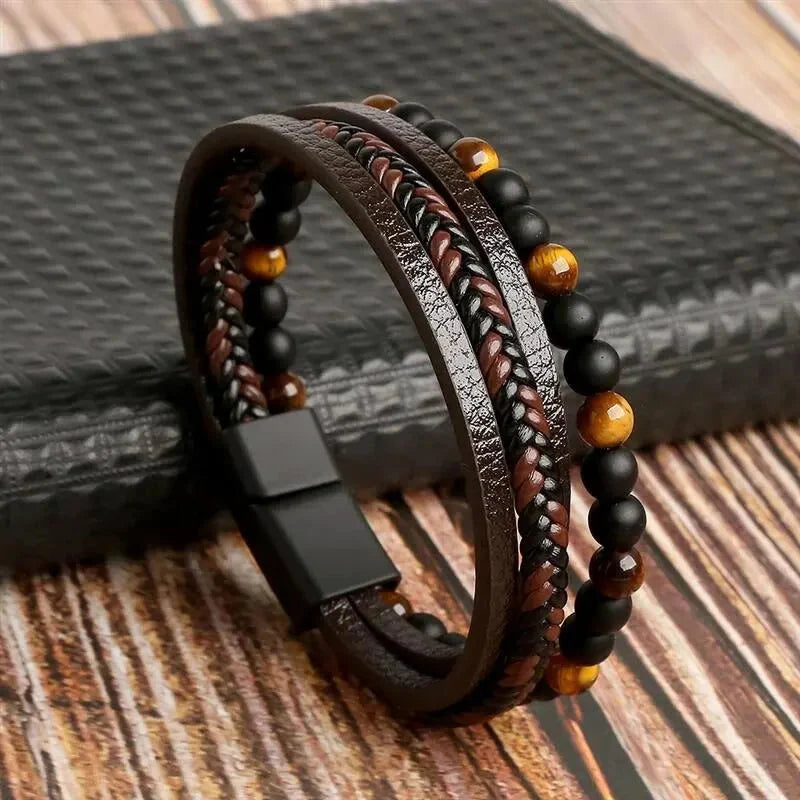 Leather Wrap Bracelet – Tiger Eye Beaded Jewelry for Men and Women