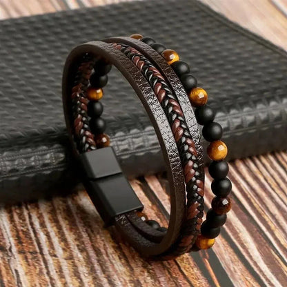 Leather Wrap Bracelet – Tiger Eye Beaded Jewelry for Men and Women