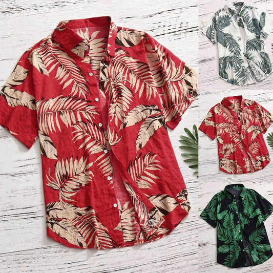 Red Tropical Leaf Shirt – Stylish Short Sleeve Summer Top