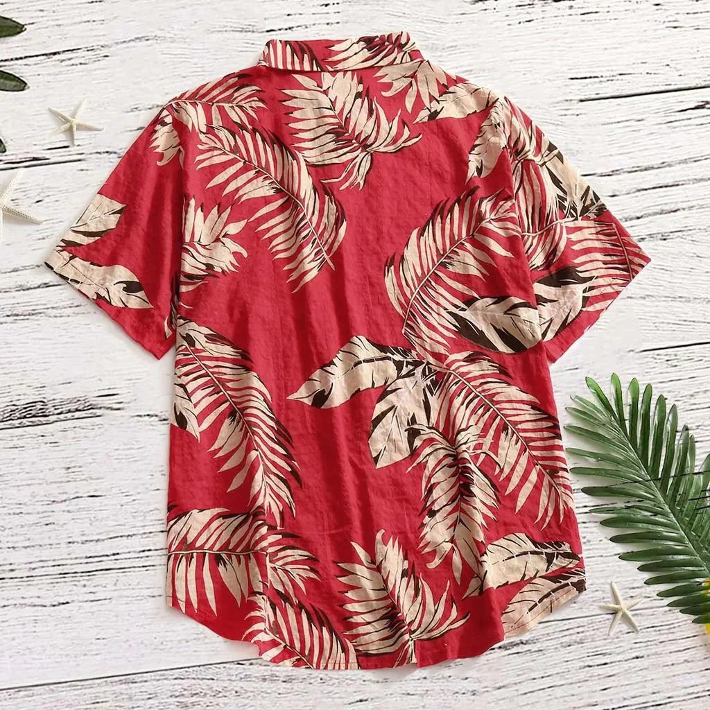 Red Tropical Leaf Shirt – Stylish Short Sleeve Summer Top