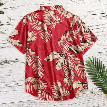 Red Tropical Leaf Shirt – Stylish Short Sleeve Summer Top